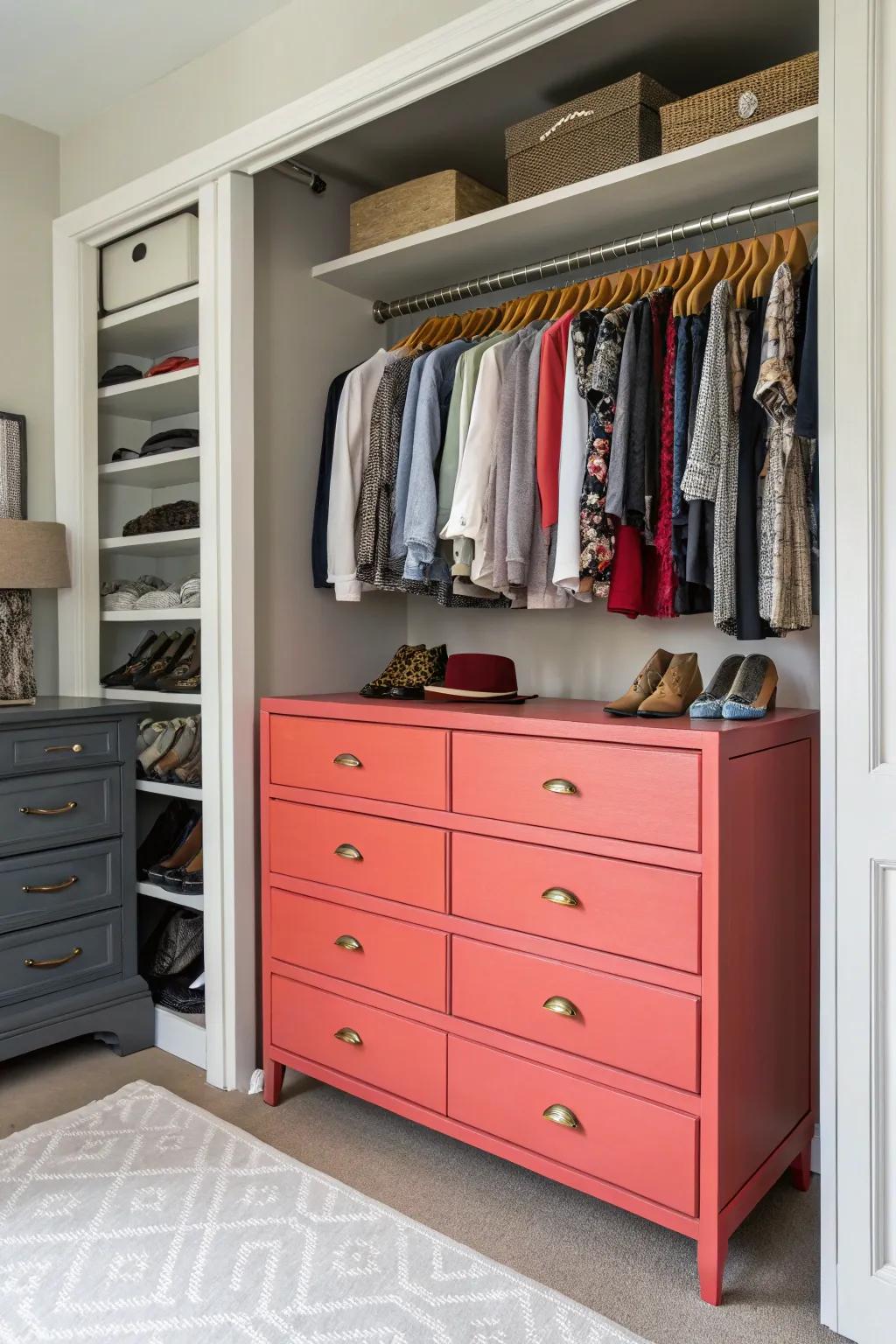 A boldly colored dresser, acting as the focal point of a closet.