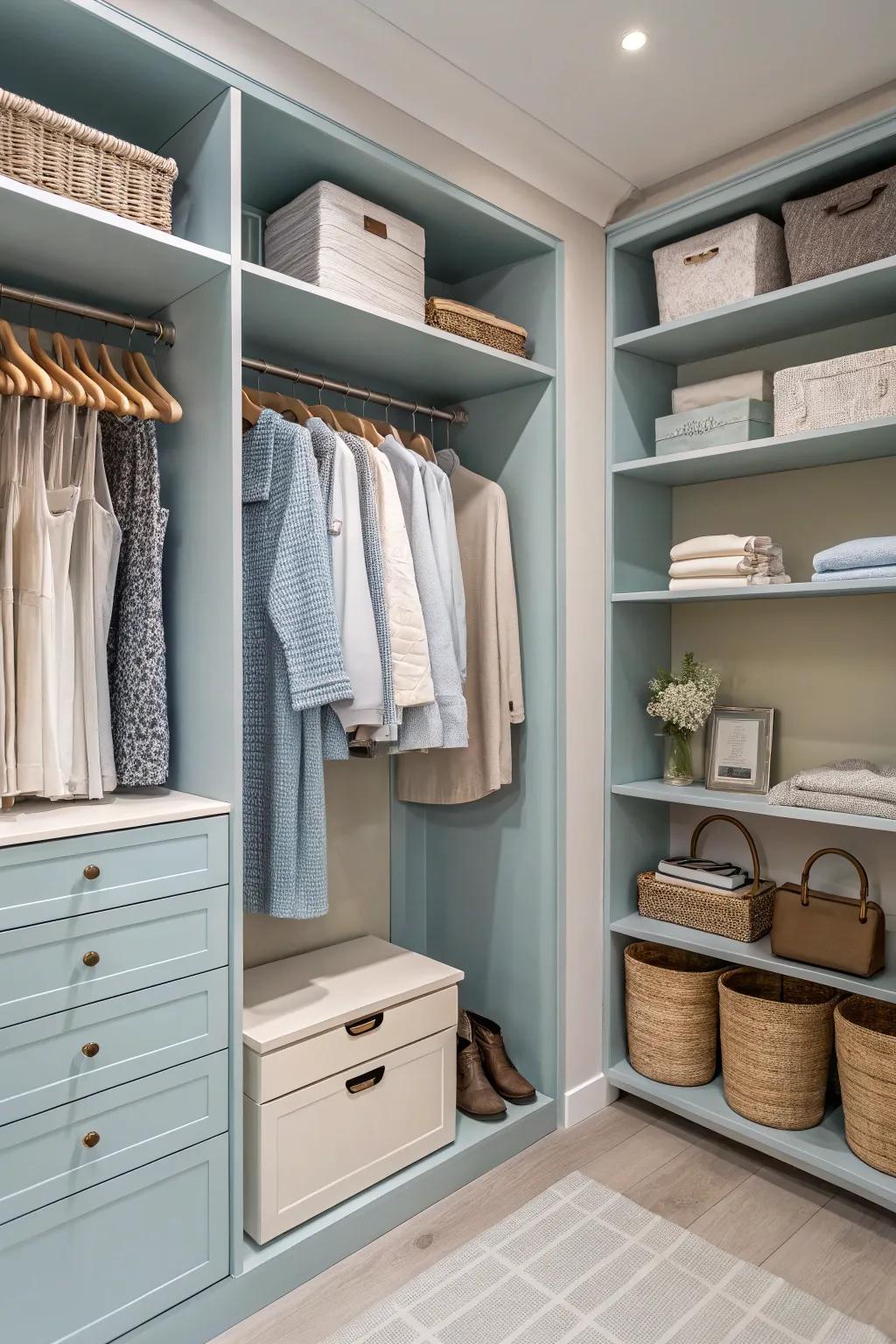 A closet with a calming color palette in soft blues and neutrals.