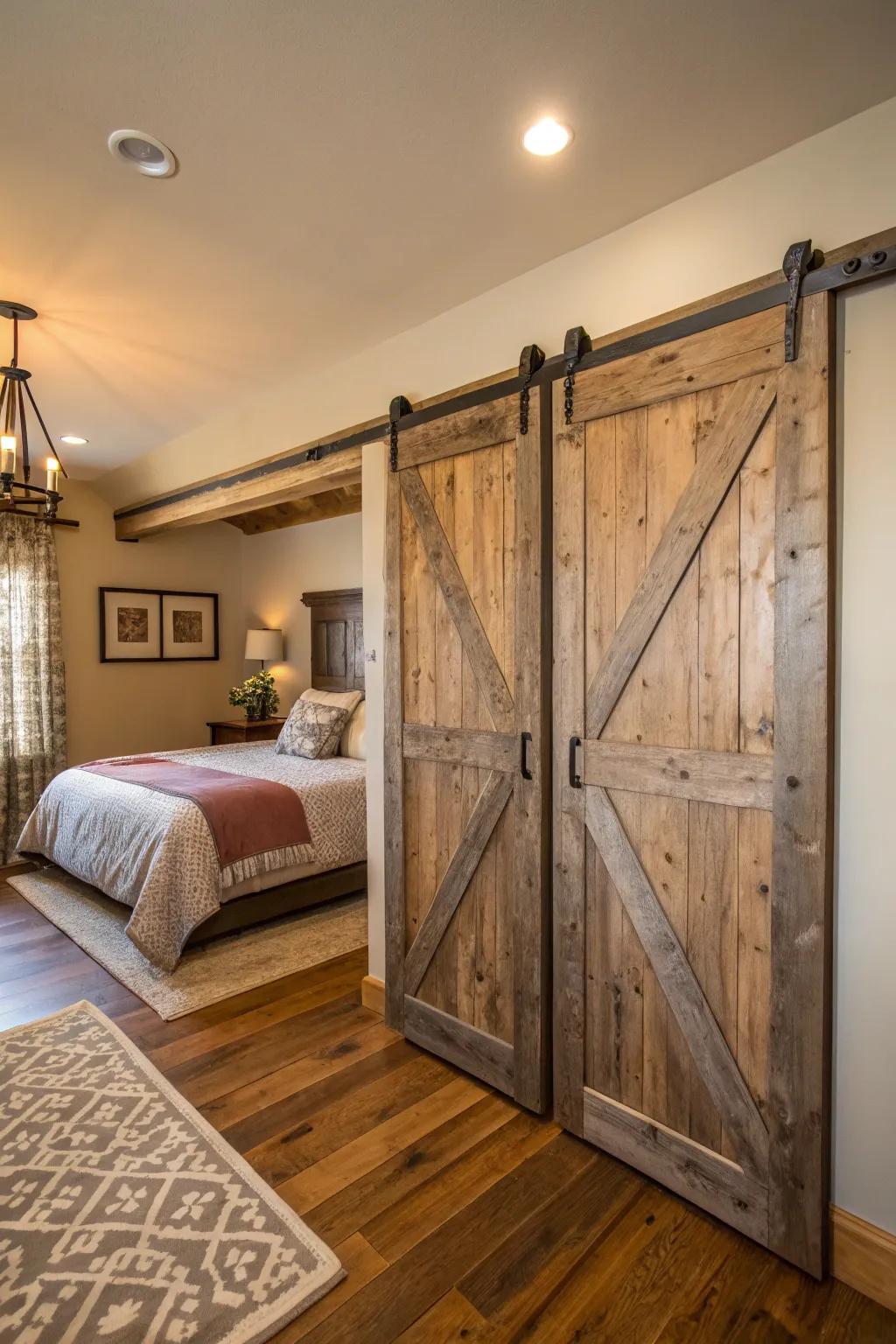 Sliding barn doors offer a rustic and space-saving solution for your closet.