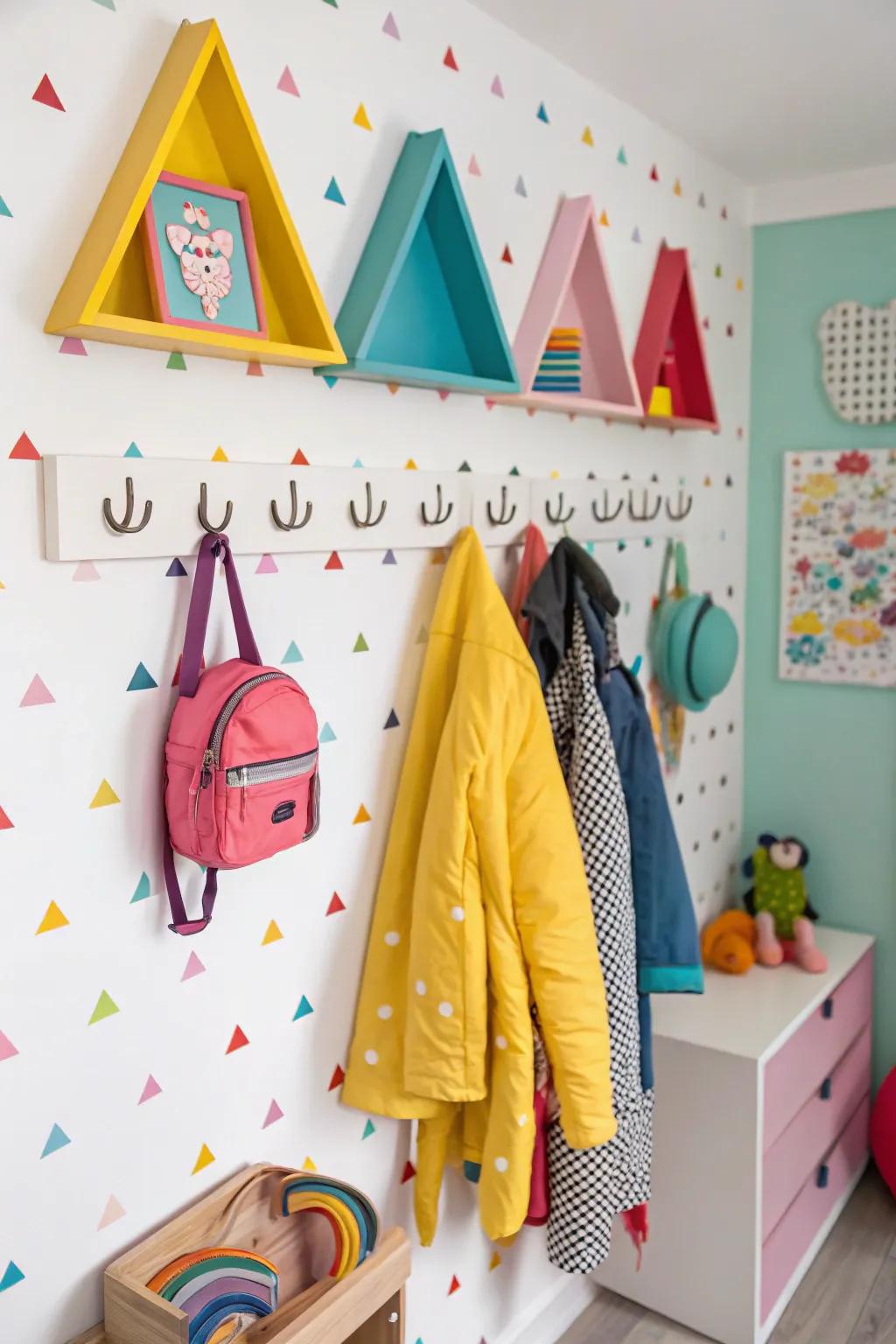 Geometric wall hooks providing a playful hanging solution.