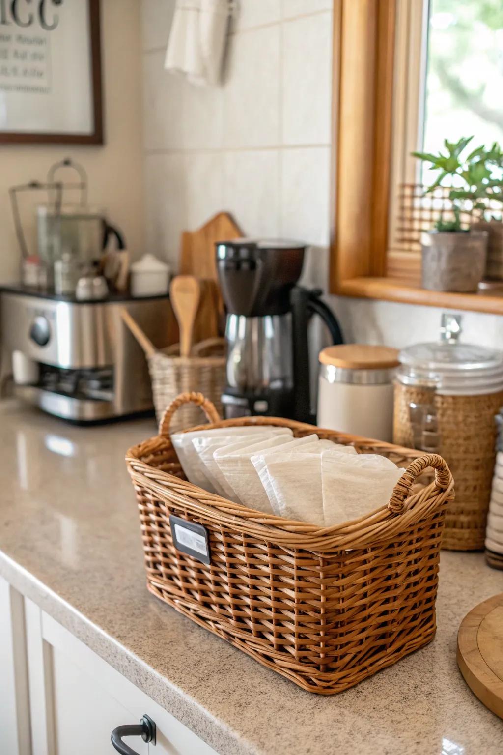 Wicker baskets add a natural element to storage solutions.