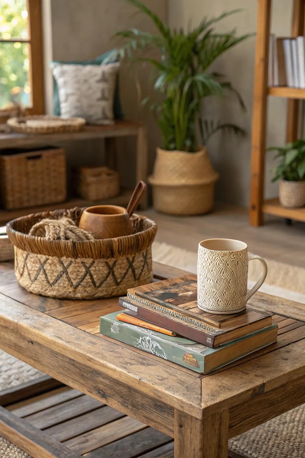 A rustic coffee table setup, offering warmth and a touch of nature.