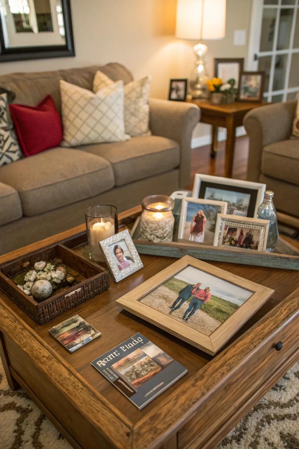 Personal mementos create a heartfelt display on the coffee table.