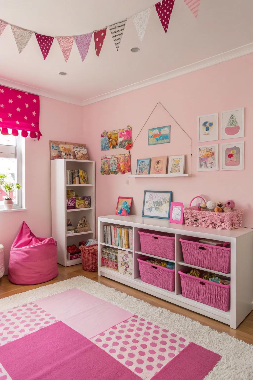 A whimsical children's room with playful pink tones.