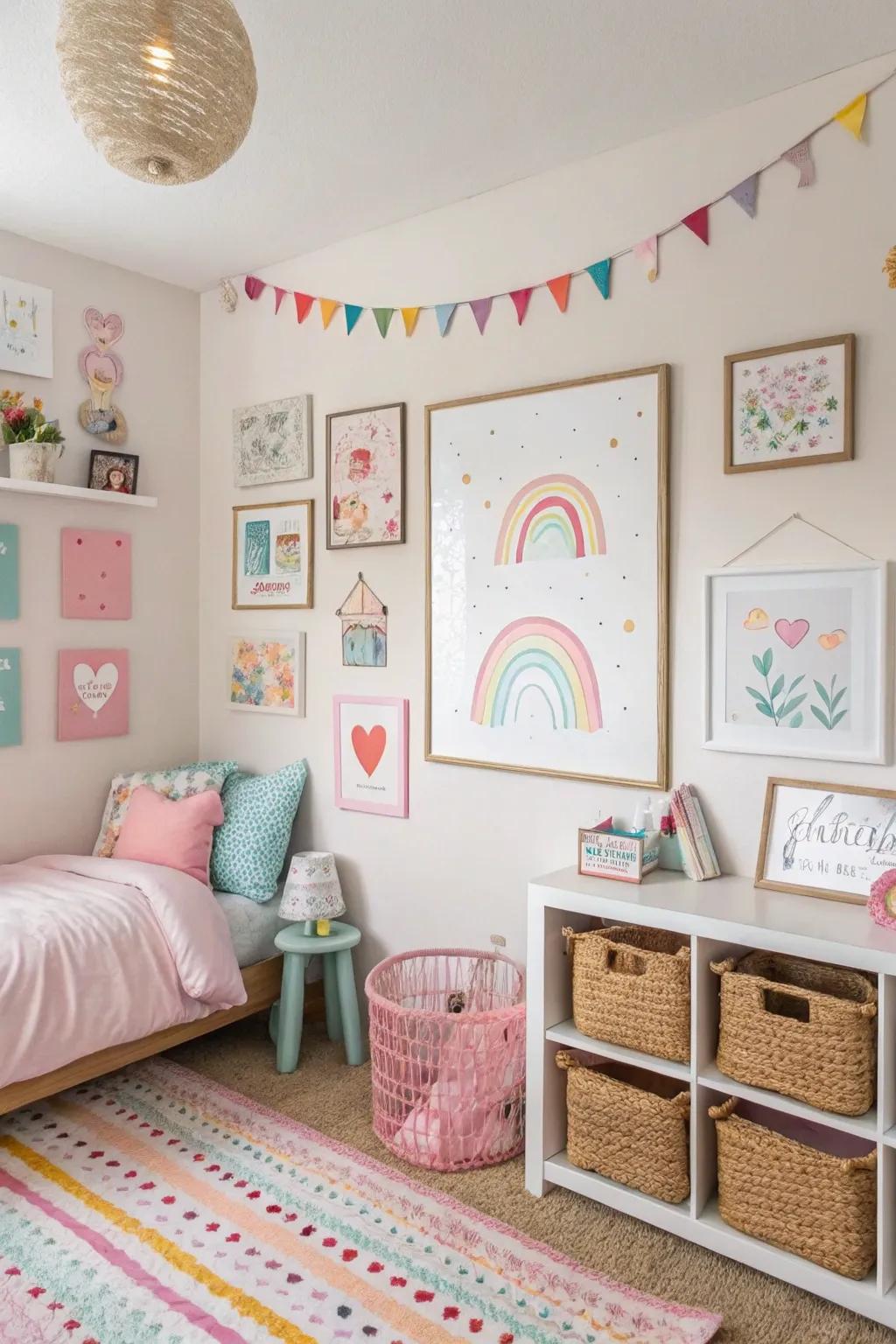 A gallery wall of whimsical art pieces adds charm and personality to this girls' room.