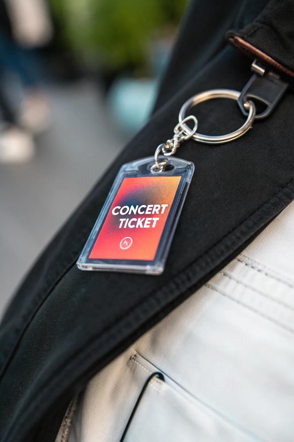 A keychain with a small concert ticket encased.