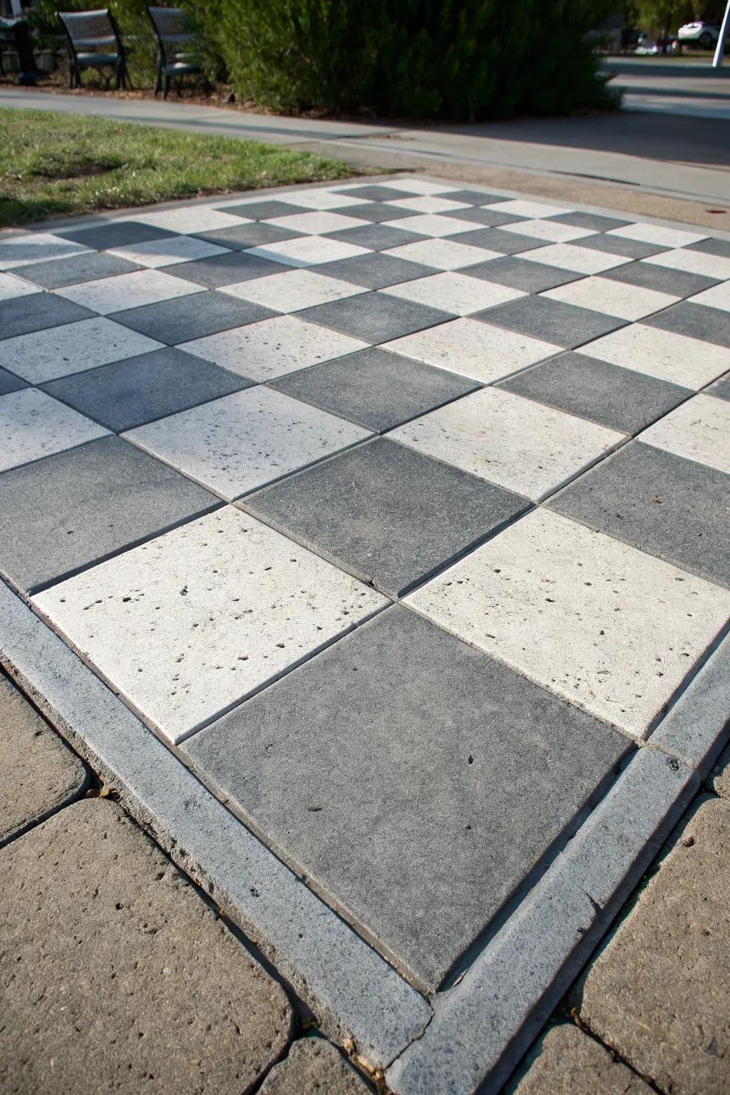Elevate your outdoor space with a timeless checkerboard pattern in elegant shades of gray.