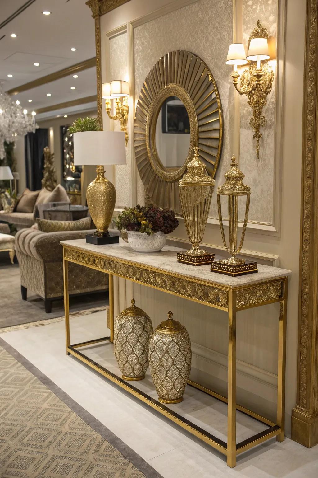 Gold accents add a touch of glamour to this console table.