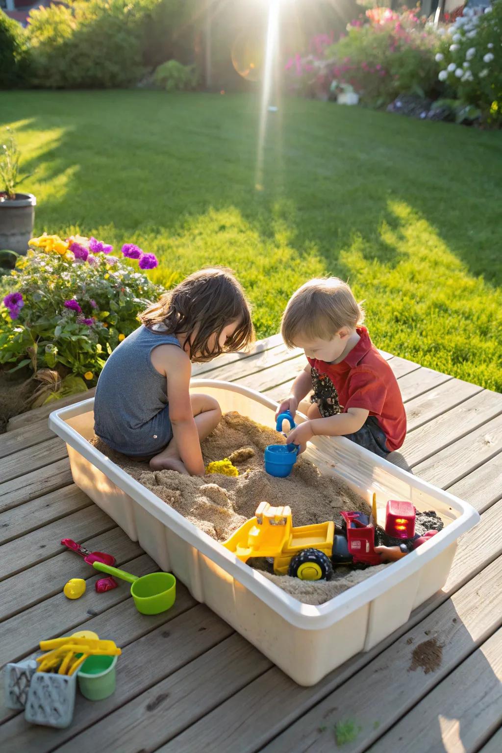 Sand and water: the classic combo for outdoor sensory fun.