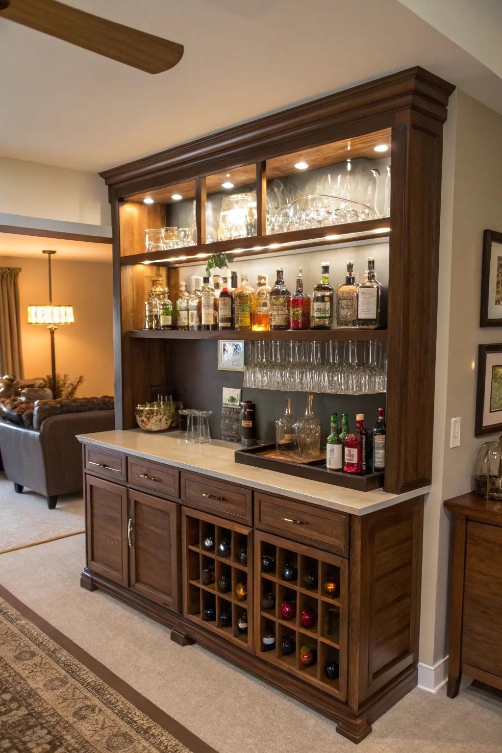 A stylish home bar repurposed from a buffet with added shelving.