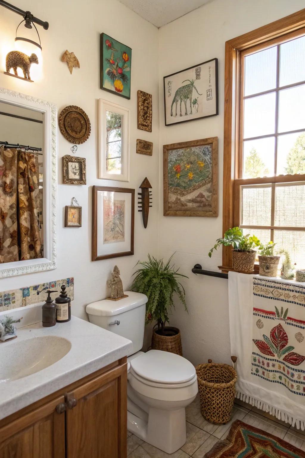 Art pieces add personality and style to the bathroom.