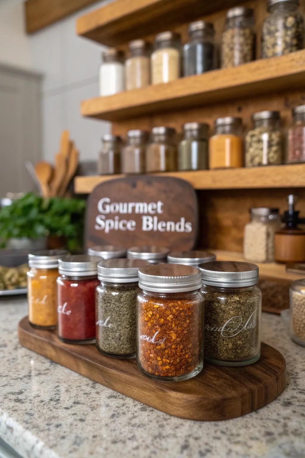 Gourmet spice blends in glass jars on a kitchen counter with a rustic backdrop.