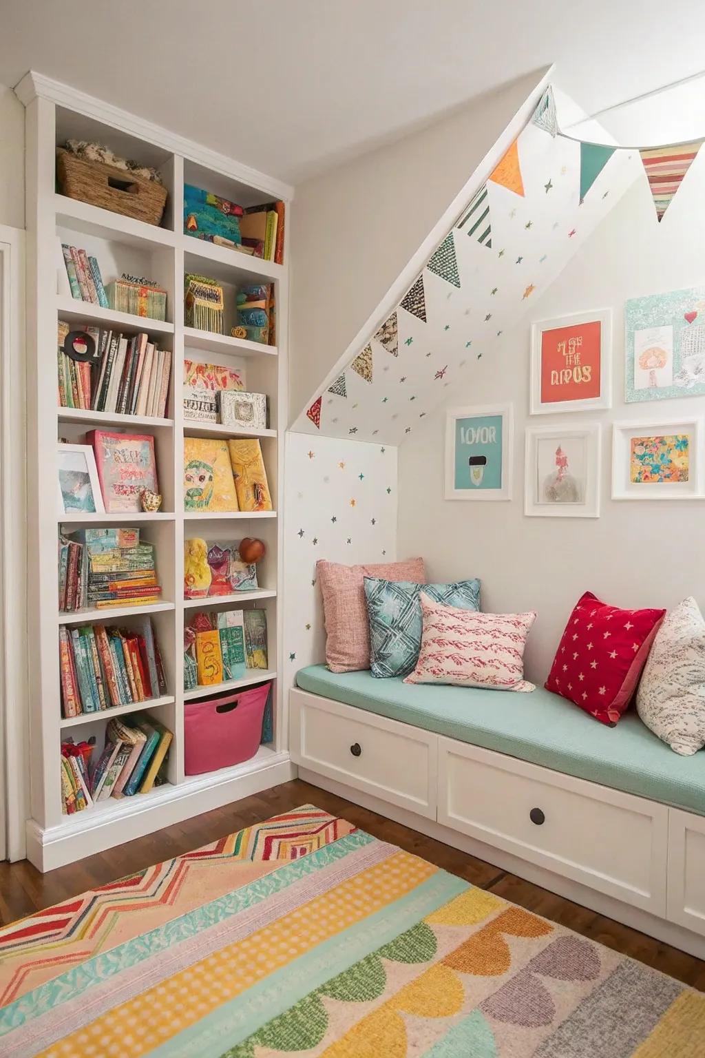 A cozy book nook provides a perfect spot for quiet time and reading.