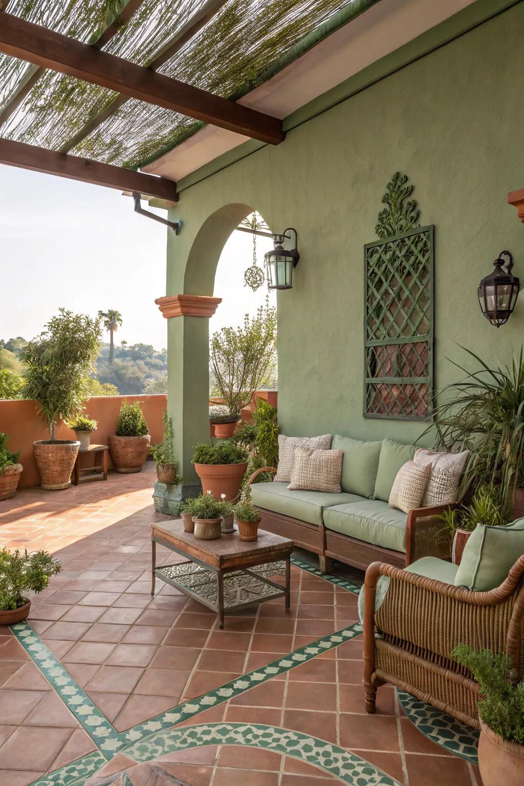 An earthy patio with sage green and terracotta elements.