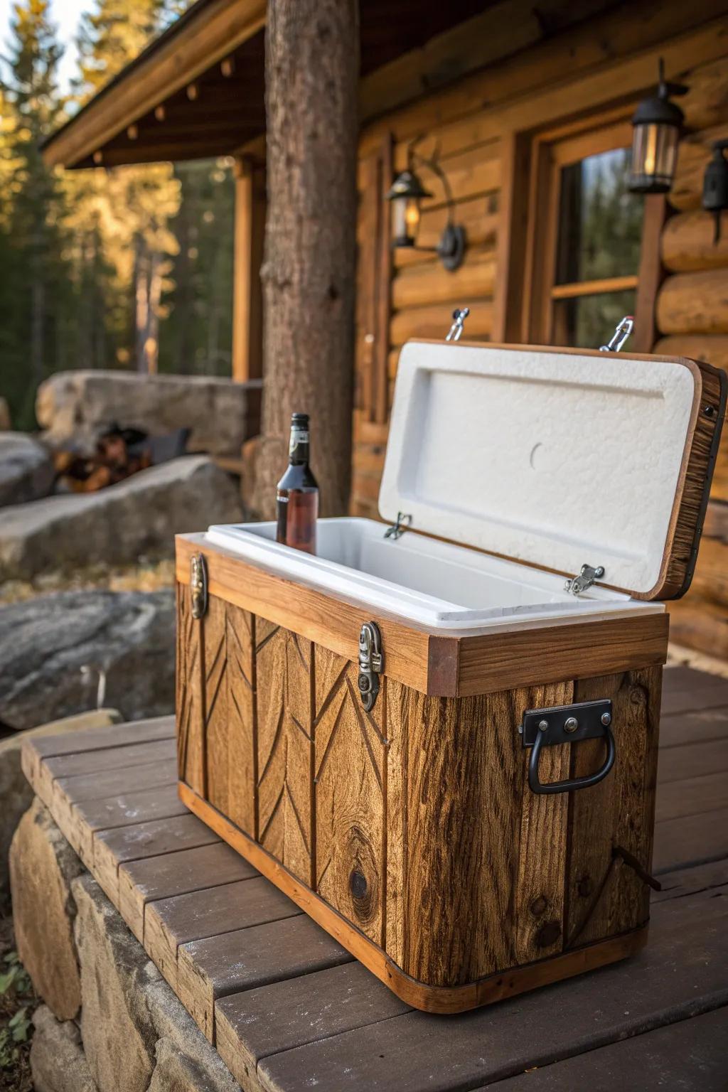 Elevate your adventures with a cooler that boasts a handcrafted rustic wood finish.