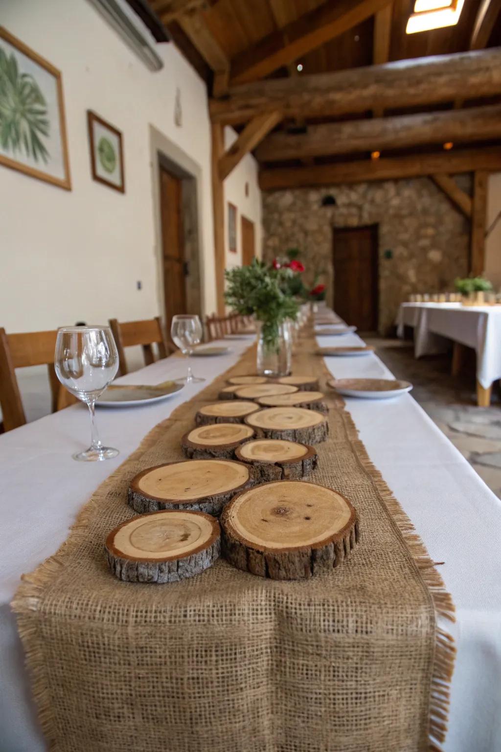 Burlap and wood slices create a rustic and cozy tablescape.