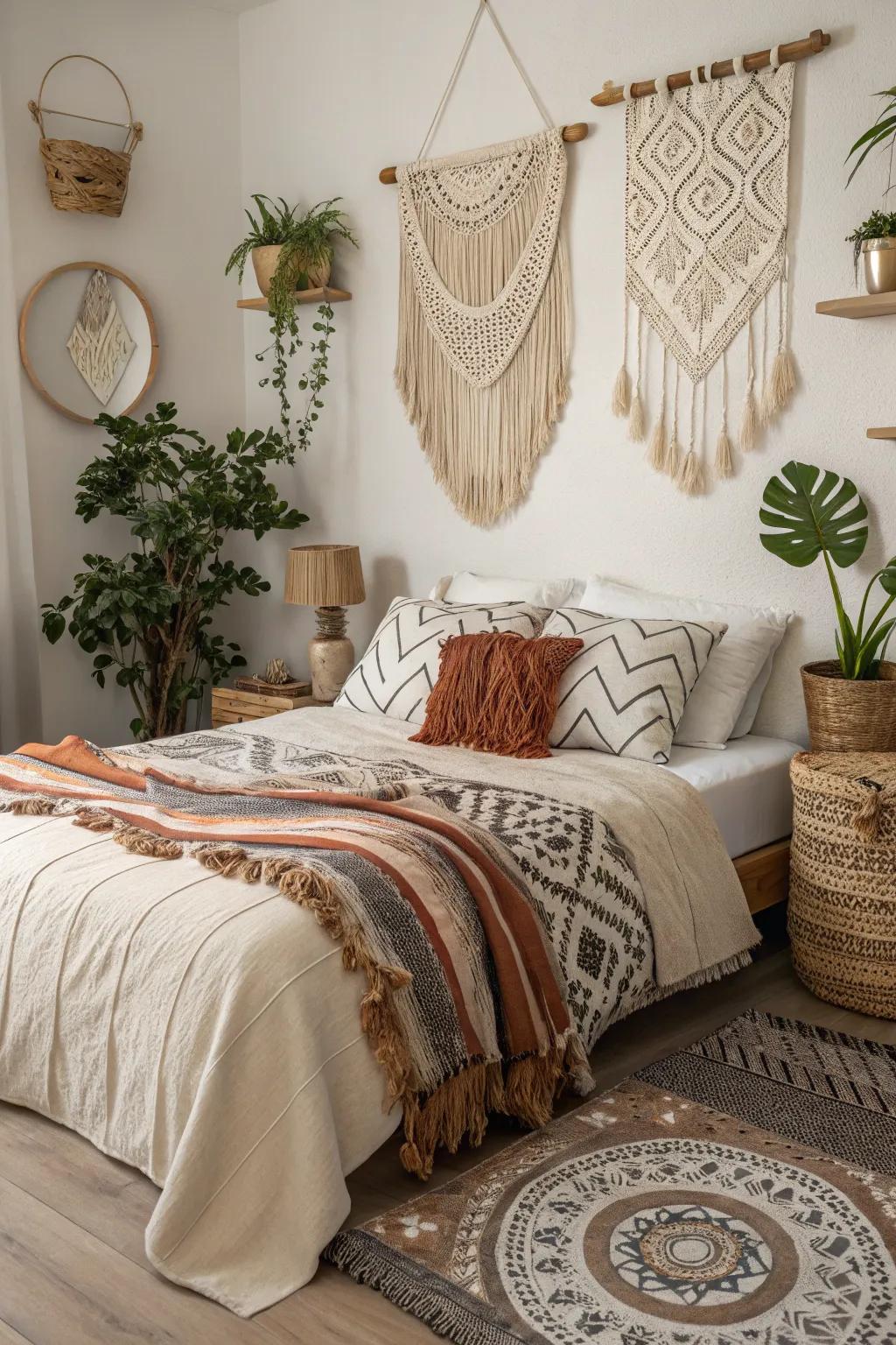 Boho elements add a relaxed and artistic feel to this bedroom.