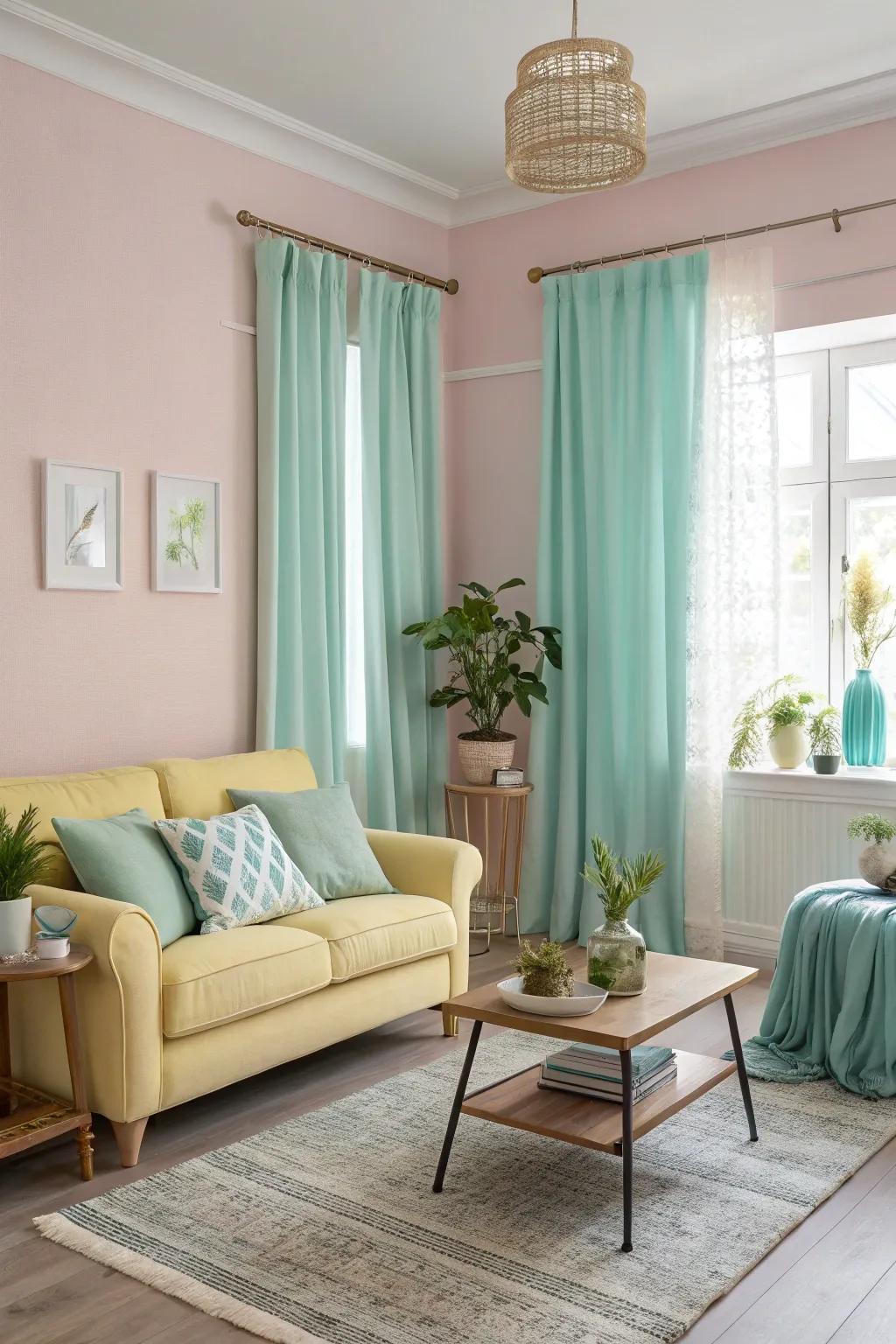 Soft pastels add a serene and cozy touch to your living room.