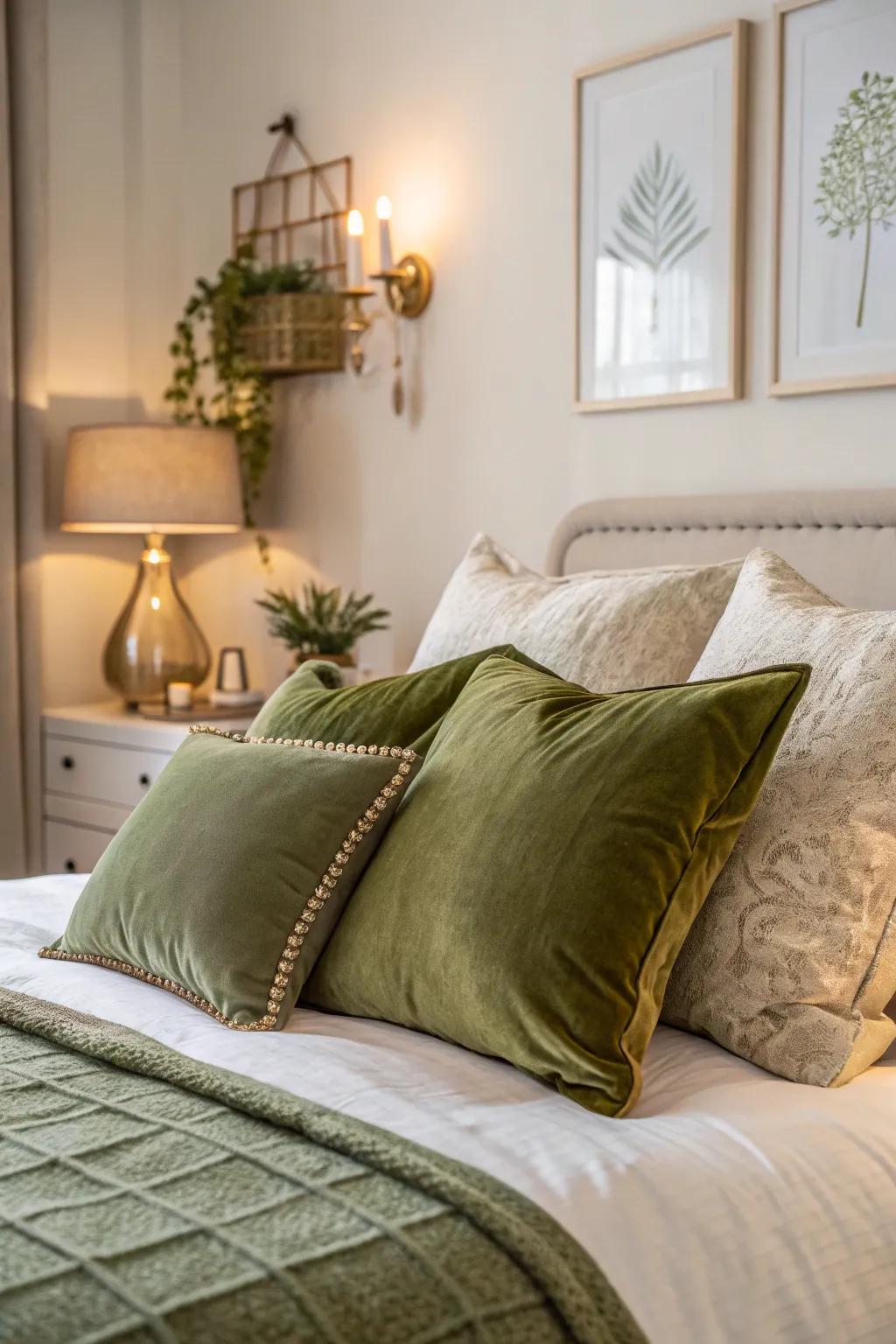 Velvet accents in olive green bring elegance and warmth to the bedroom.