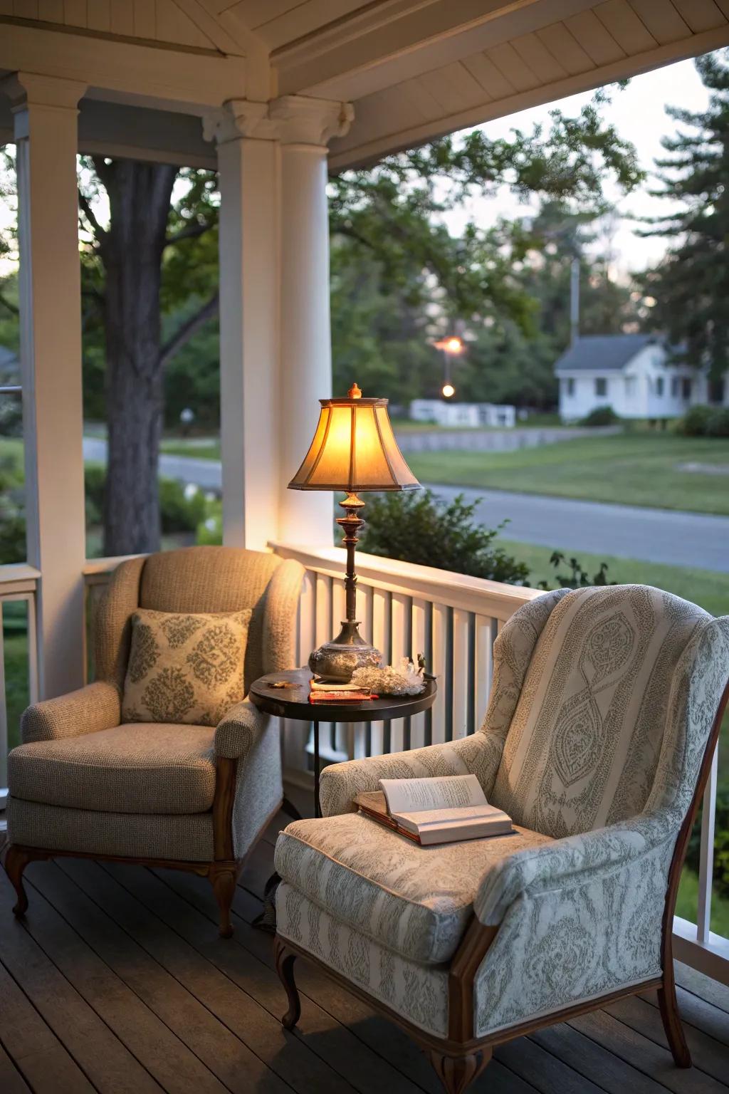 A reading nook provides a tranquil escape on the porch.