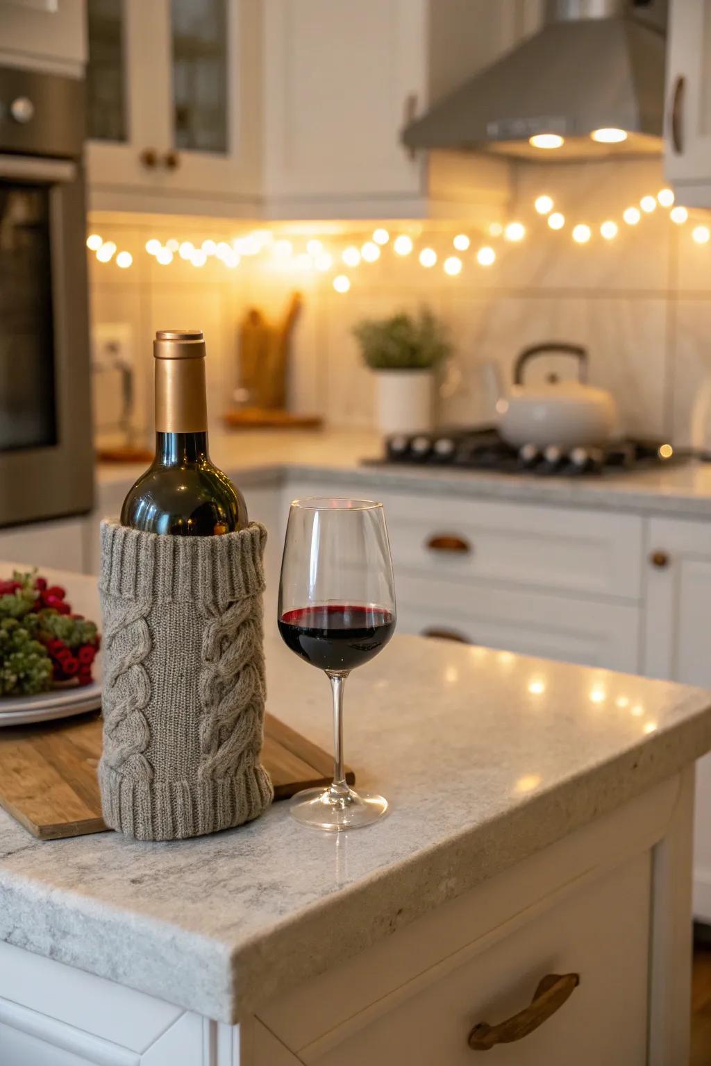 A cozy sweater wine bottle holder perfect for gifting or decor.