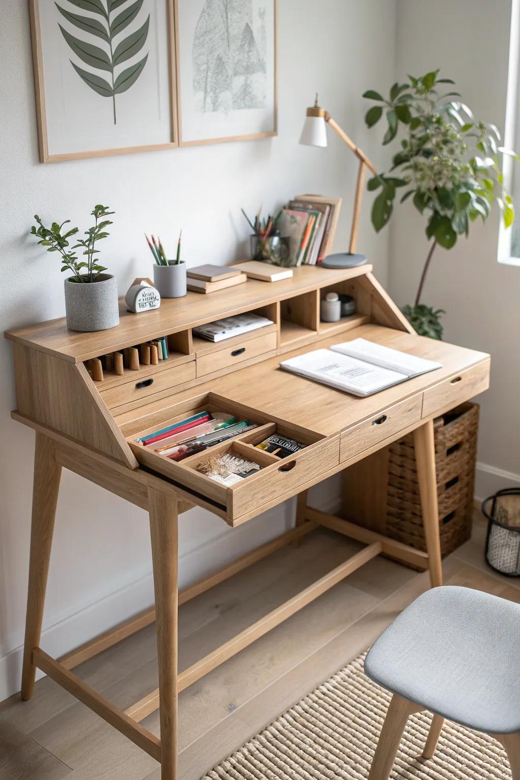 Discover the elegance of hidden storage in your craft nook with this stunning pull-out shelf solution.