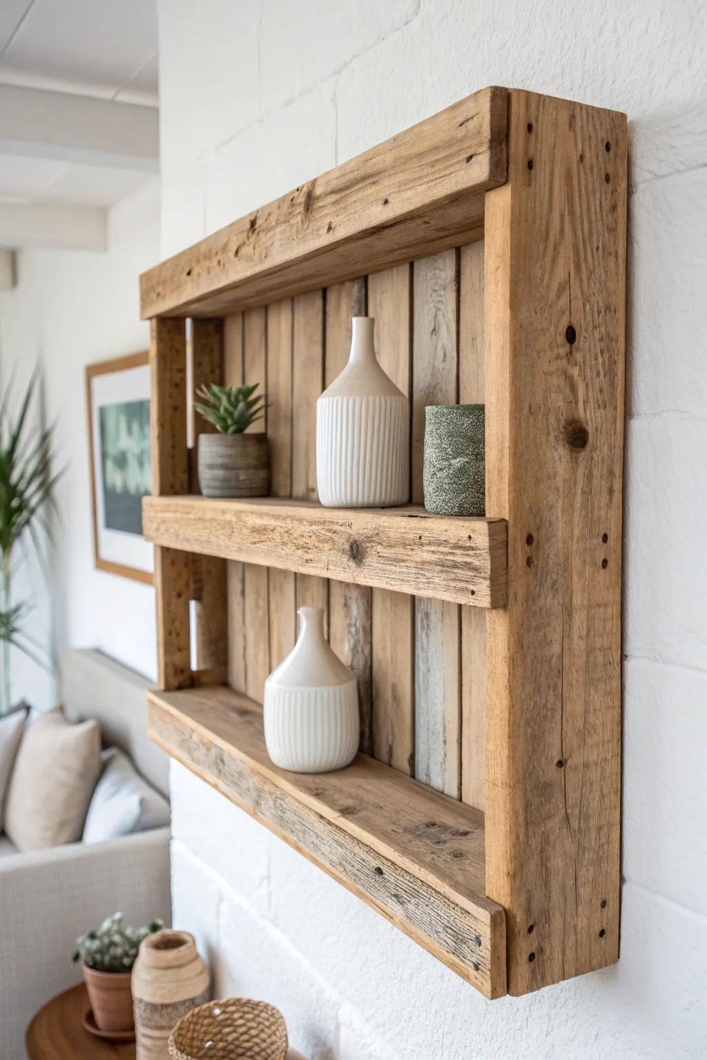 Embrace sustainable style with this stunning pallet wood shelf—where rustic meets refined in perfect harmony.