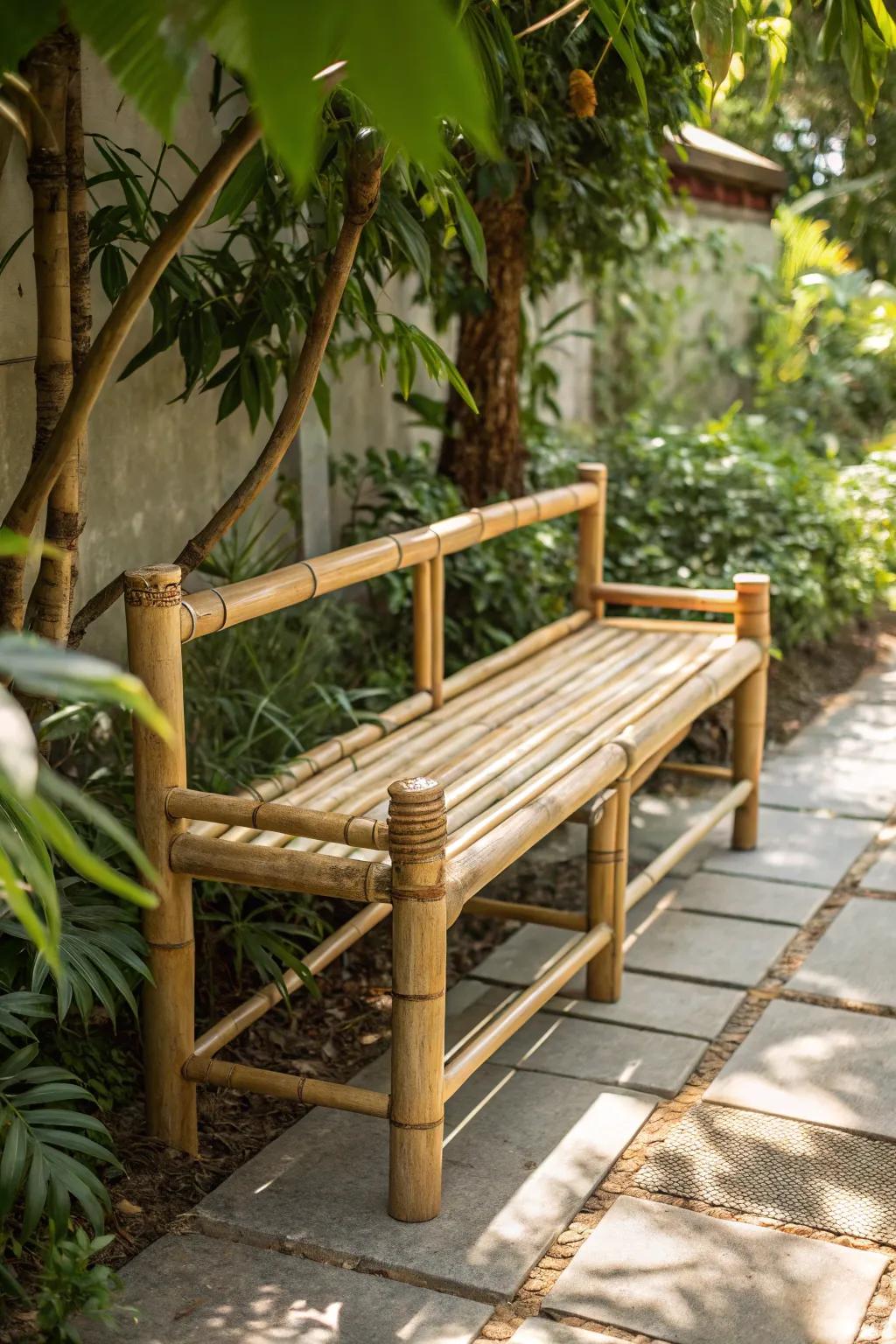 Embrace nature's elegance with this handcrafted bamboo bench - a perfect blend of simplicity and style for your garden sanctuary.