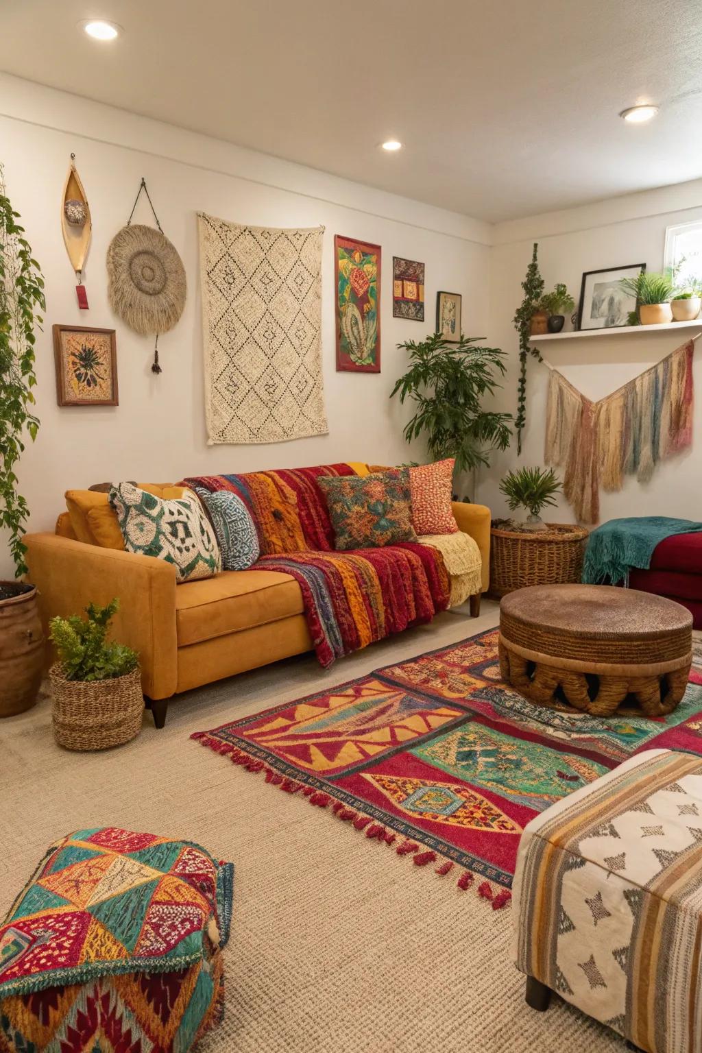 A bohemian style brings vibrancy and creativity to a cream carpeted space.