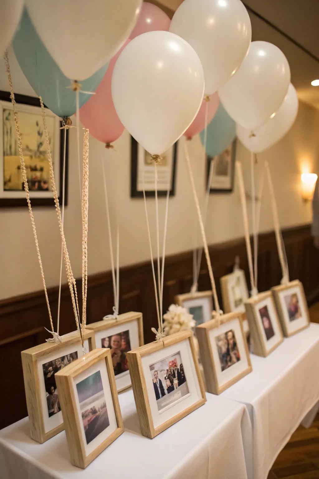 Personalized photo frames serving as sentimental balloon weights.