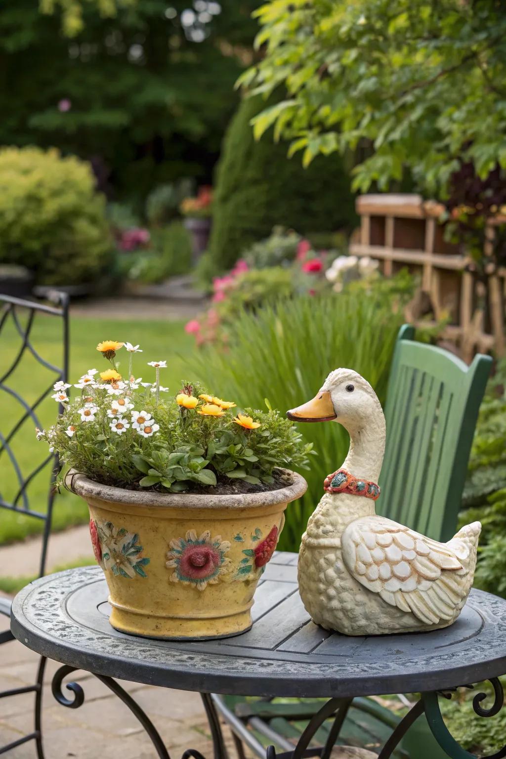 A duck effigy pot adds charm and whimsy to any setting.