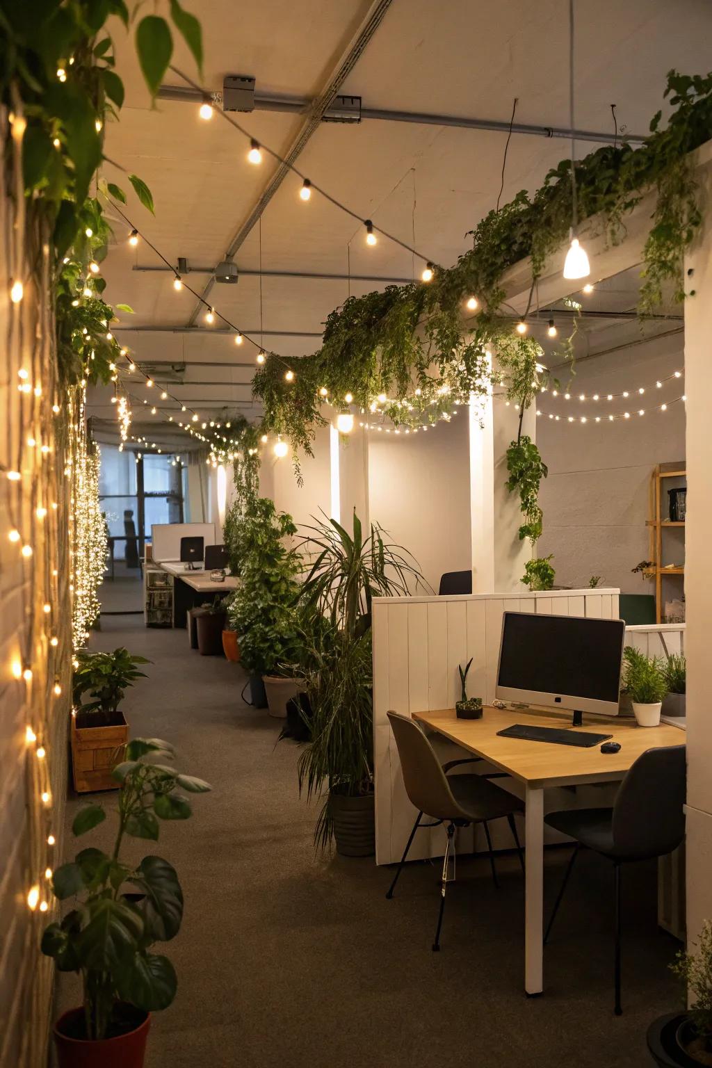 String lights create a warm and enchanting atmosphere in the office.