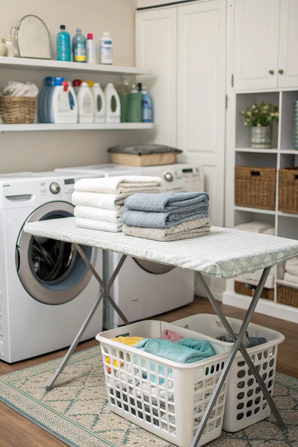 A fold-out table adds functionality to a hamper setup.