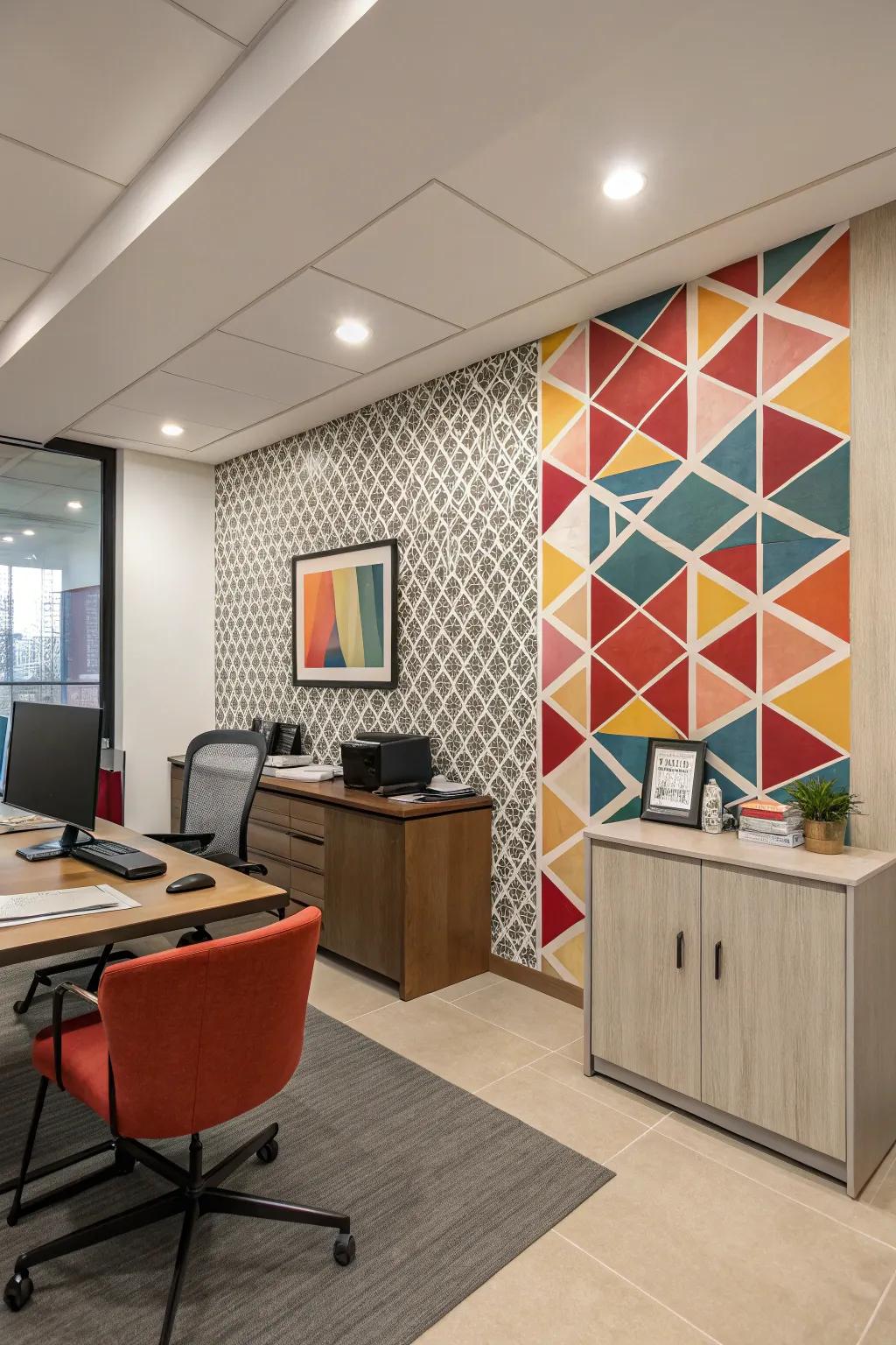 An accent wall that adds character and depth to the office space.