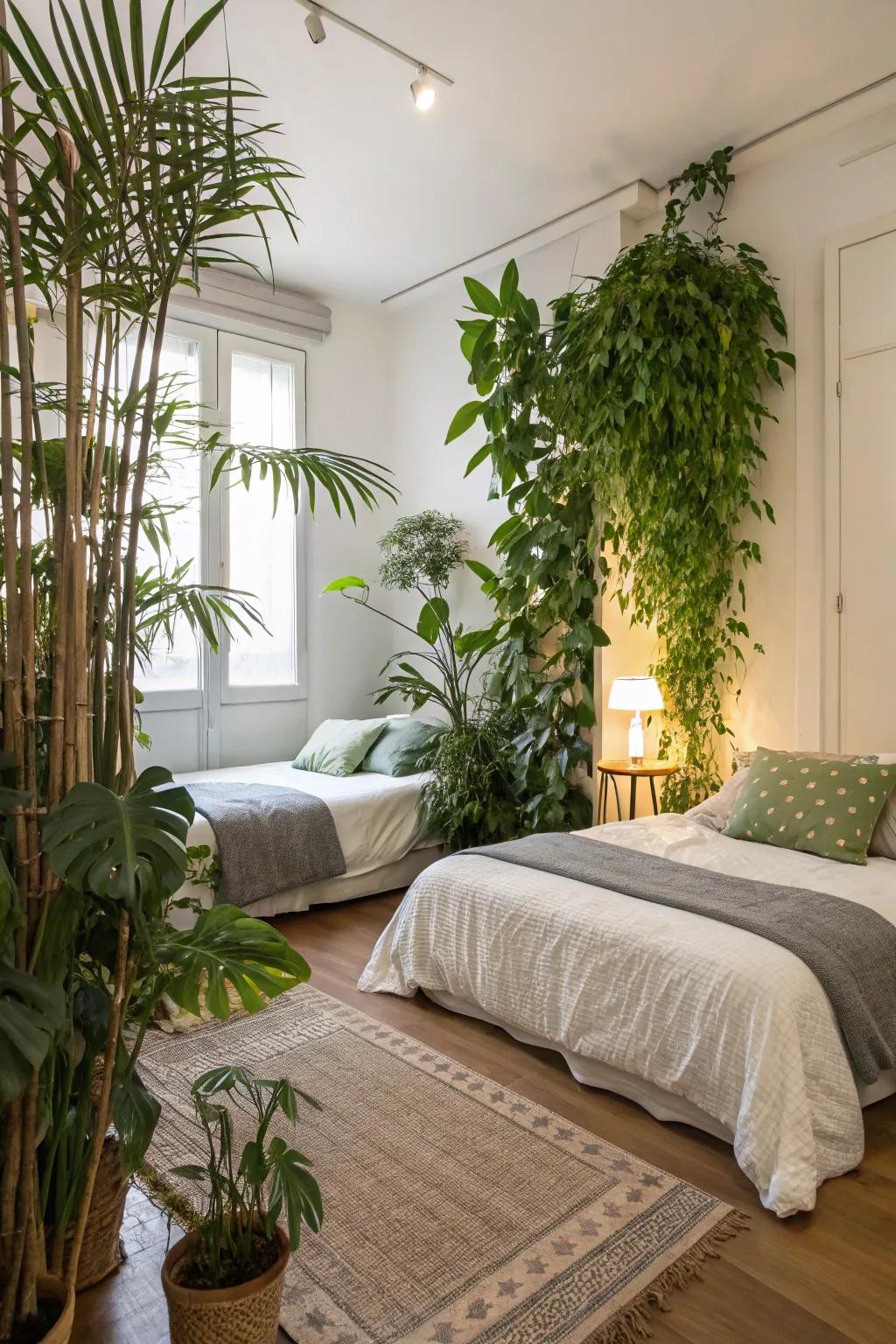 Tall plants create natural dividers, adding freshness to a shared bedroom.