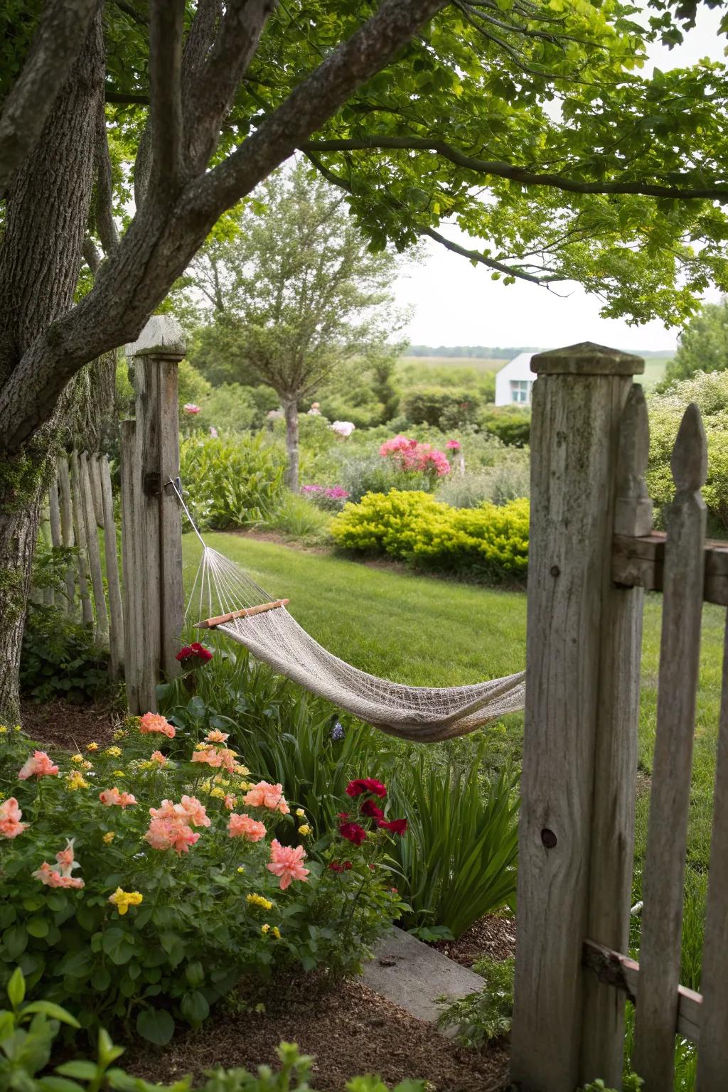 A fence post hammock setup that makes efficient use of backyard space.