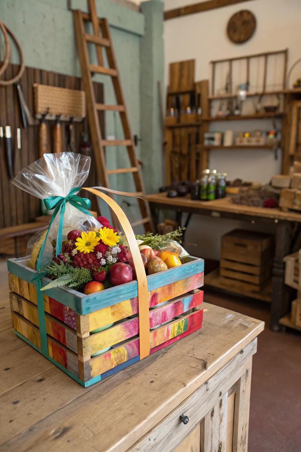 A vibrant gift basket in a painted wooden crate.