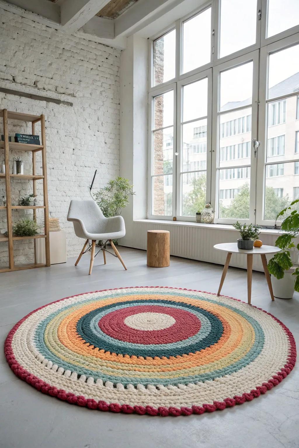 A circular crochet rug creating a focal point in a modern studio.