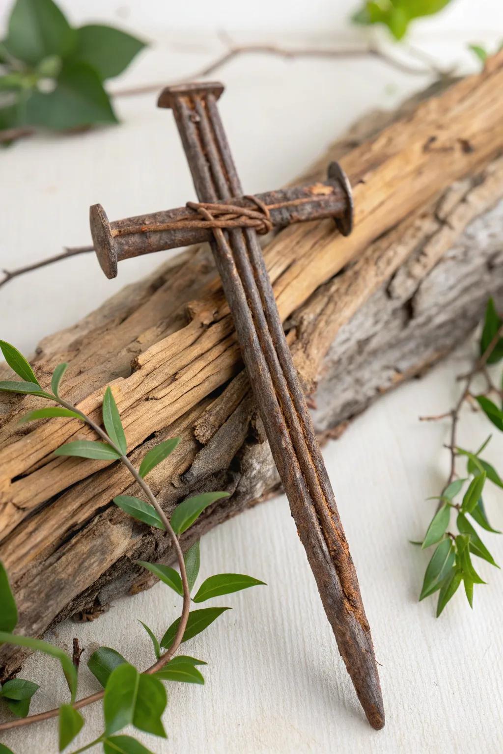 Embrace the beauty of imperfection with this rustic nail cross, where industrial meets artisanal charm.