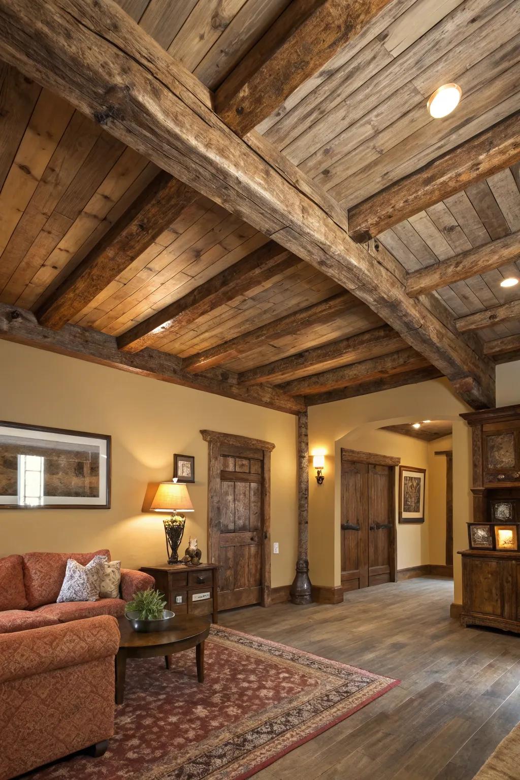 Reclaimed wood adds character and sustainability as a crown molding substitute.