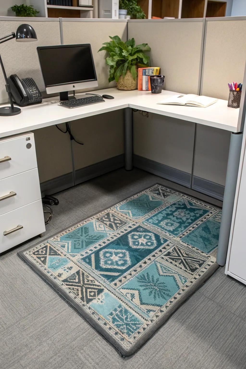 A small rug adds warmth and style to your cubicle floor.