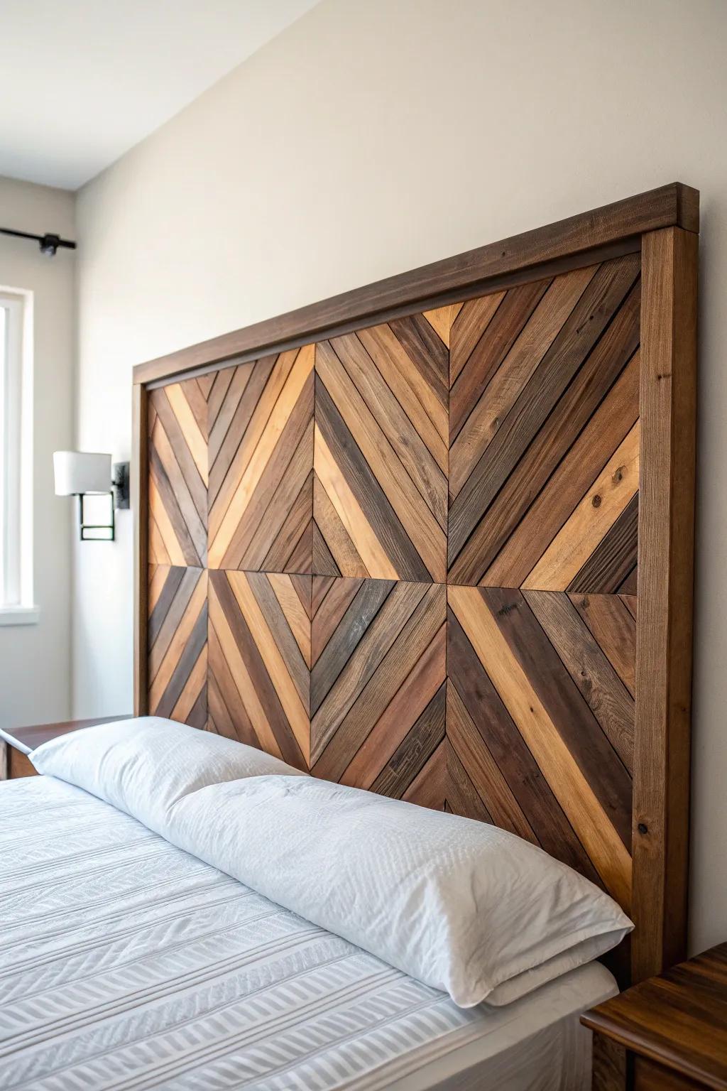 Transform your bedroom with a bespoke chevron-patterned headboard, where craftsmanship meets style.