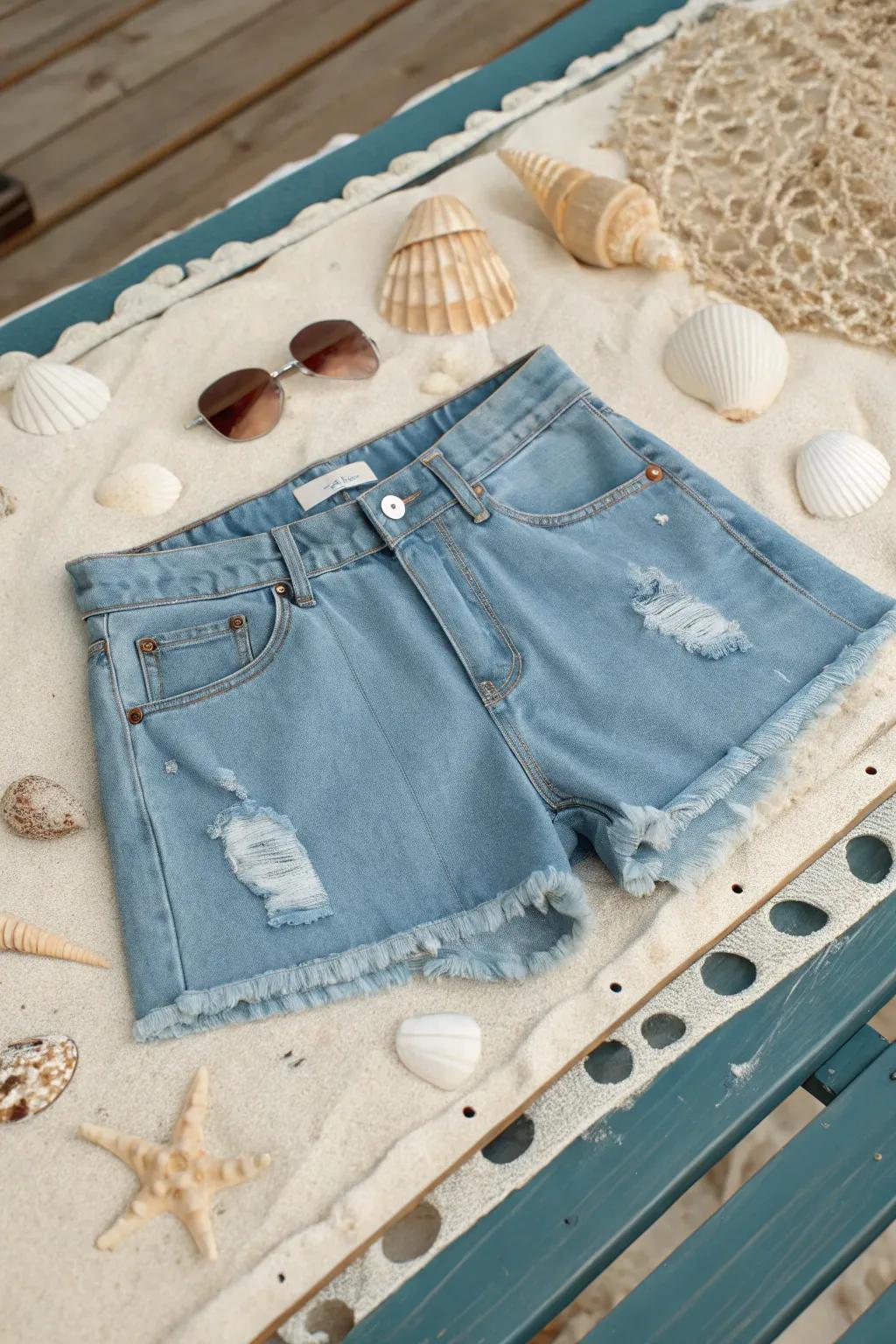 Distressed denim shorts ready for summer adventures.