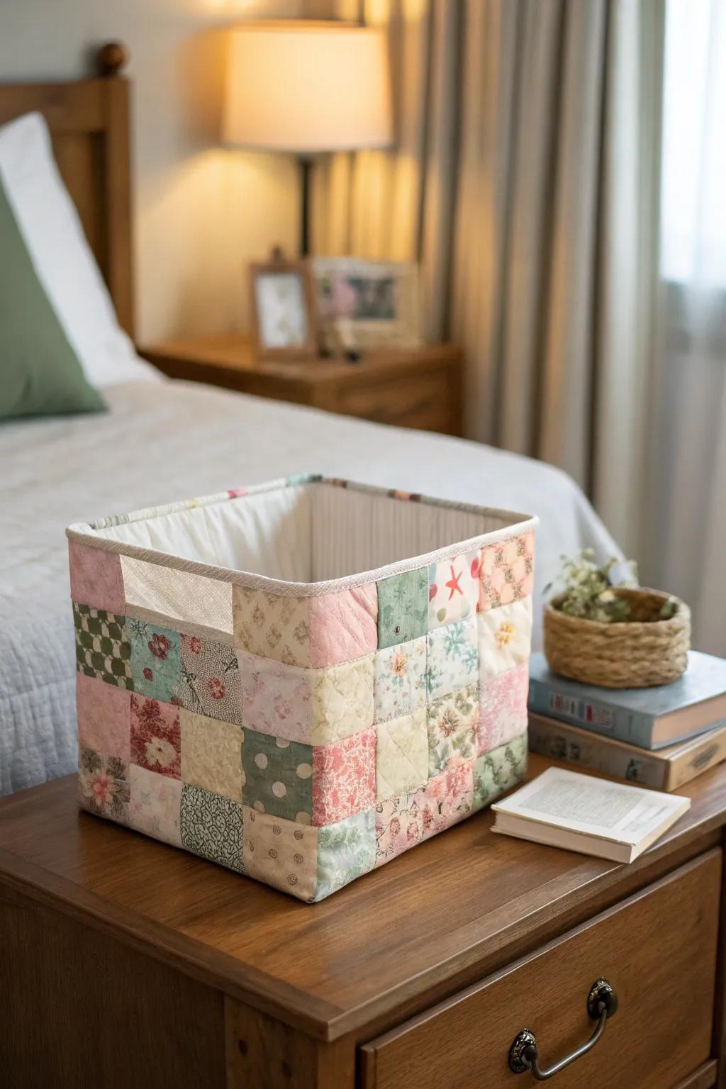 A cozy box with a patchwork quilt design.