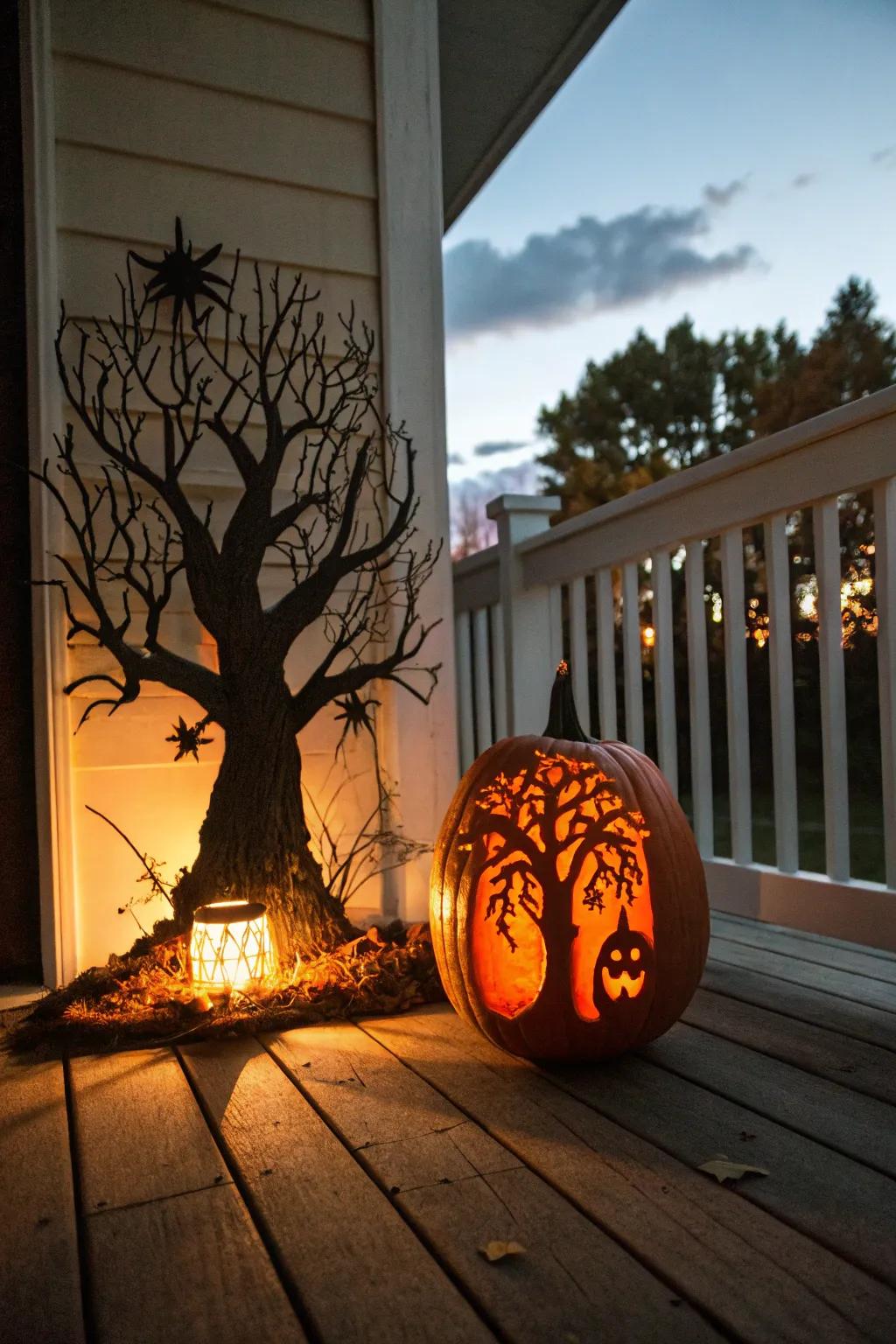 A spooky tree pumpkin adds mystery to Halloween decor.