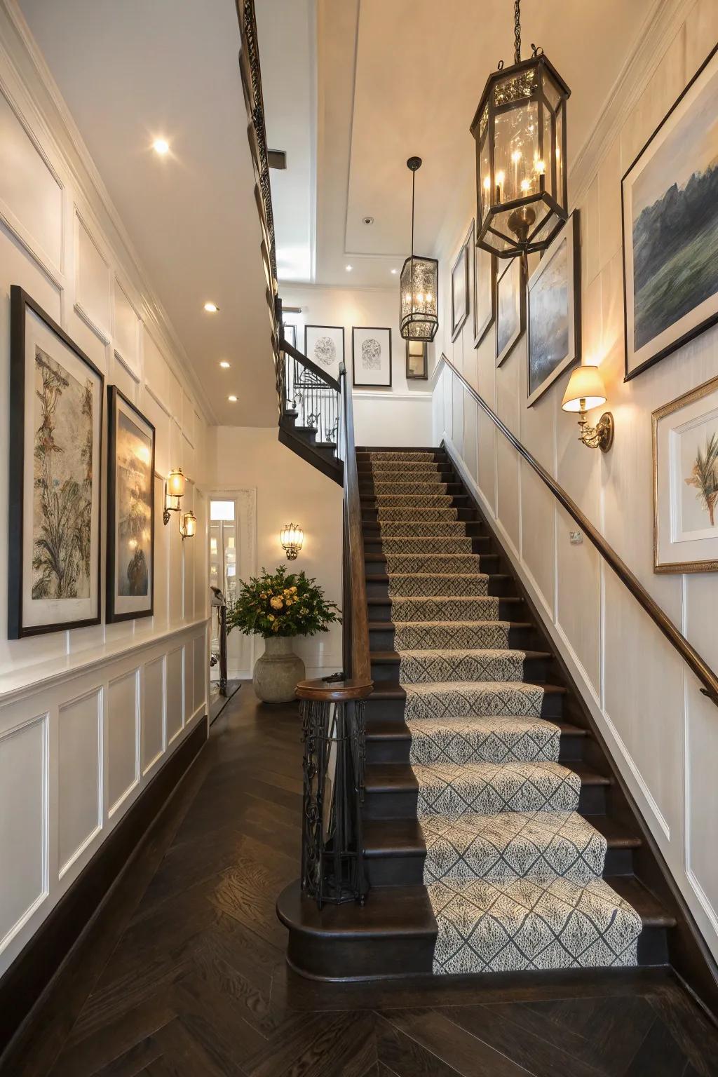 Elegant staircase with dark baseboards