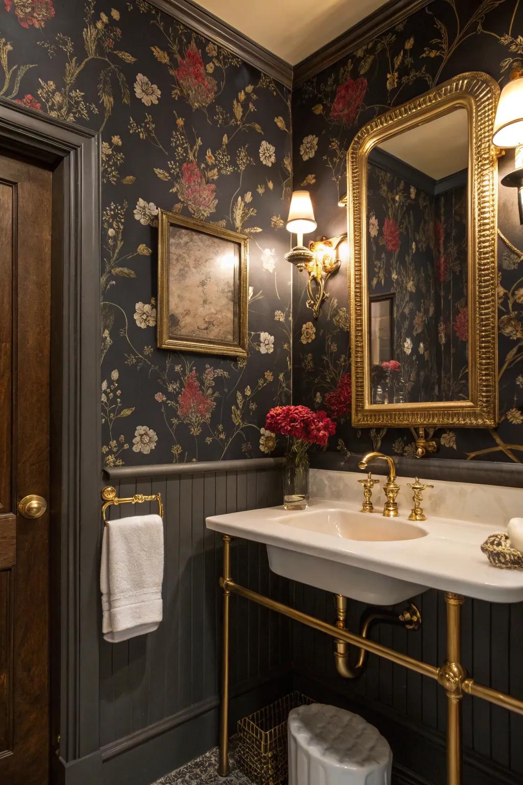 Vintage-inspired wallpaper adds Hollywood glamour to any bathroom.