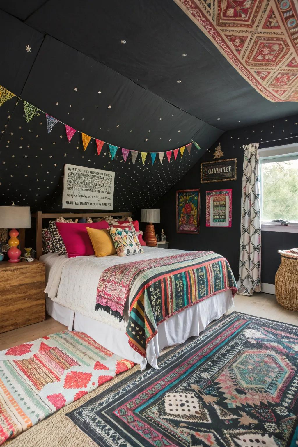 A bohemian bedroom featuring a black ceiling complemented by colorful accents.