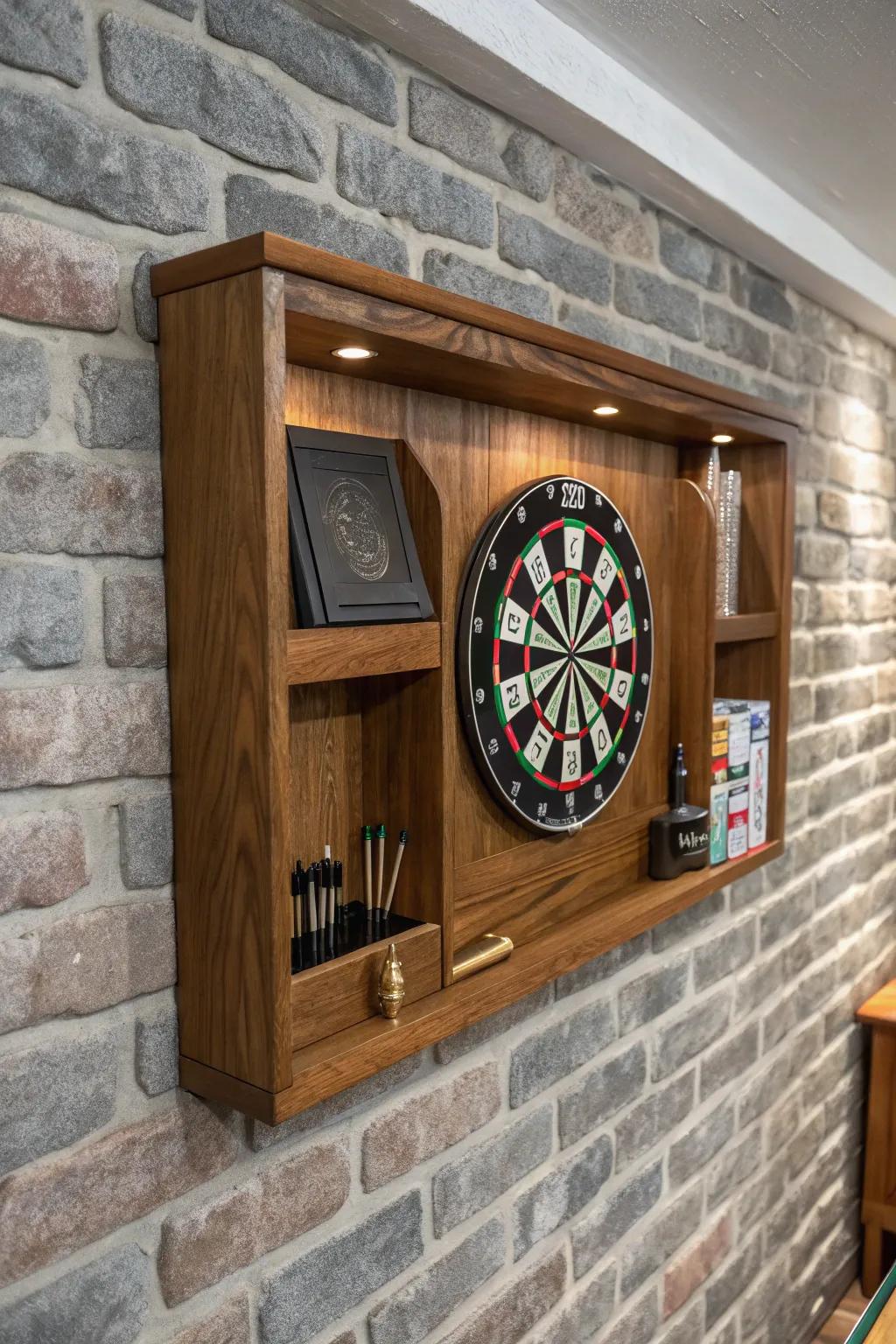 Elevate your game room with a handcrafted dartboard shelf.