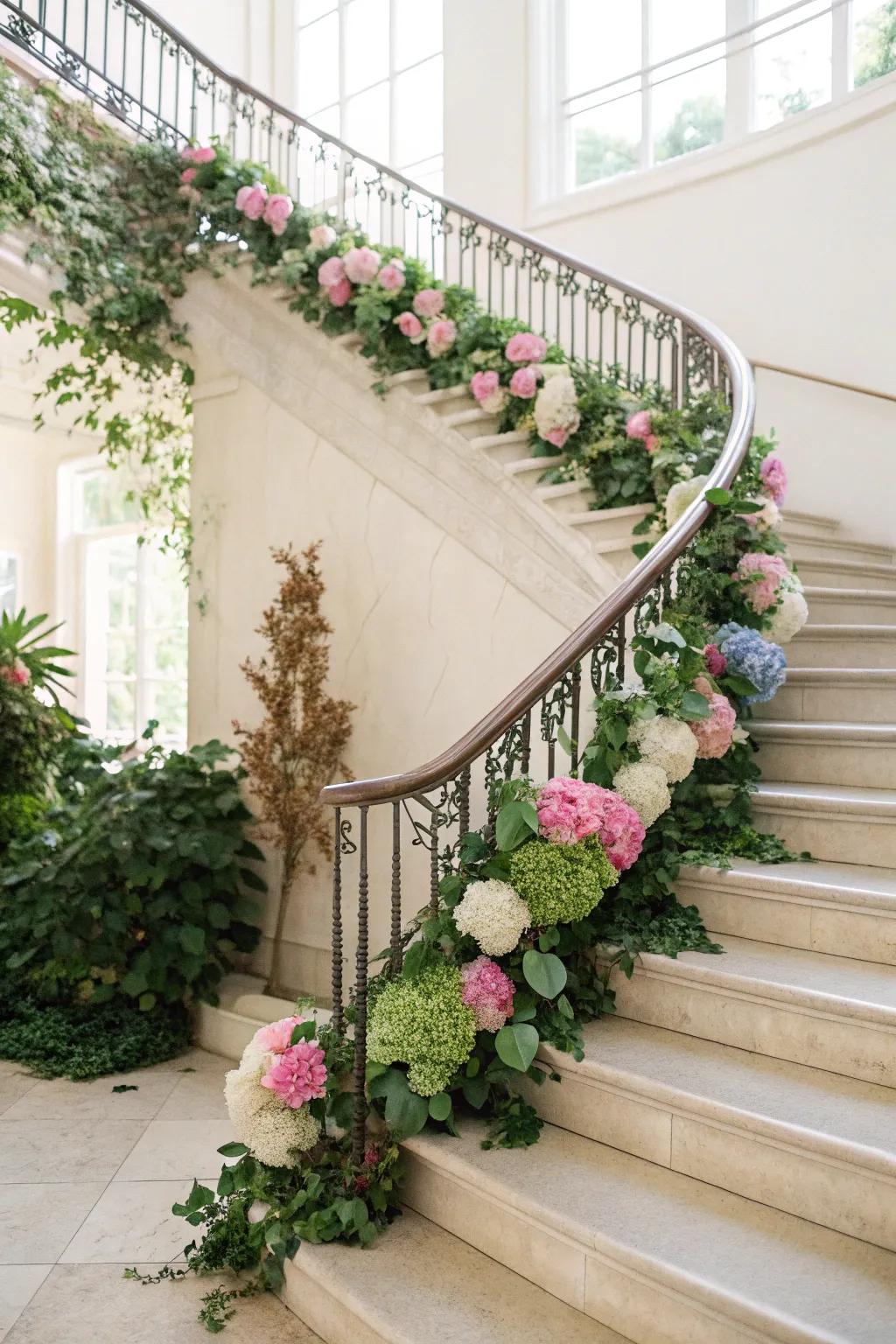 A hydrangea garland adds festive elegance to staircases.